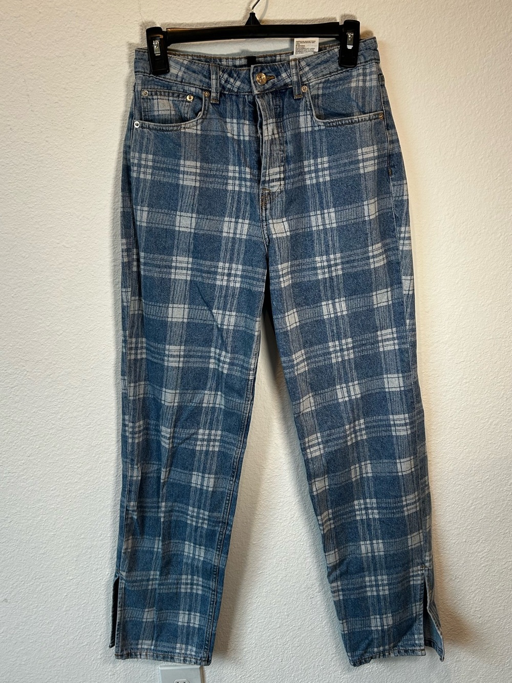 H&M Blue and White Plaid Straight-Leg Jeans